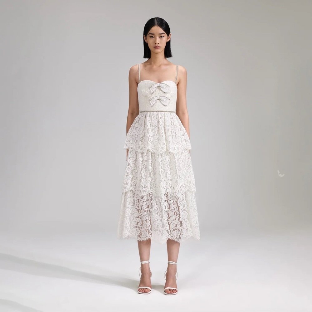Self-Portrait Cream Cord Lace Tiered Midi Dress. NWT. US 4/UK 8